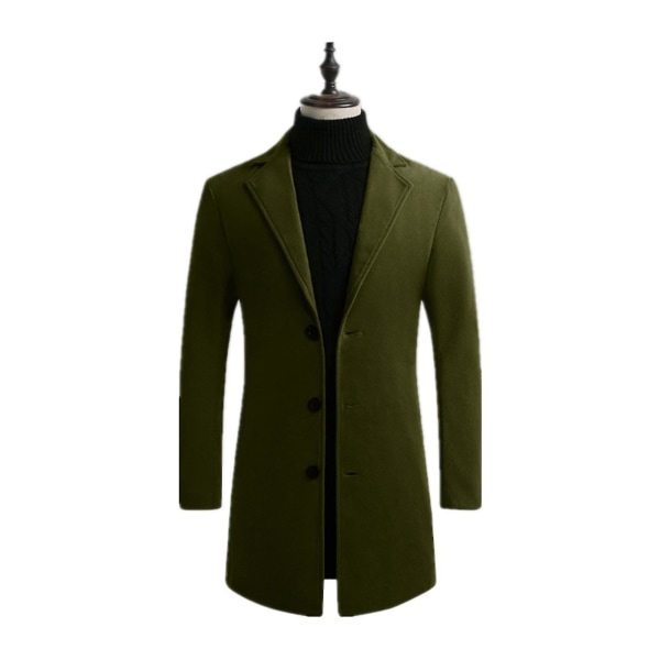 Män Mellanlång ullkappa Solid Lapel Mode Slim Fit Overcoat XL Green