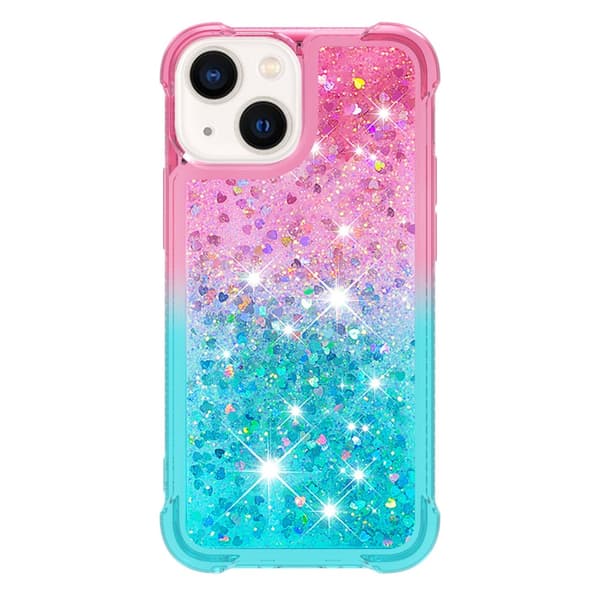iPhone 15 Kvicksand Glitter Hjerter TPU-deksel - Rosa-Turkis multifärg multicolor