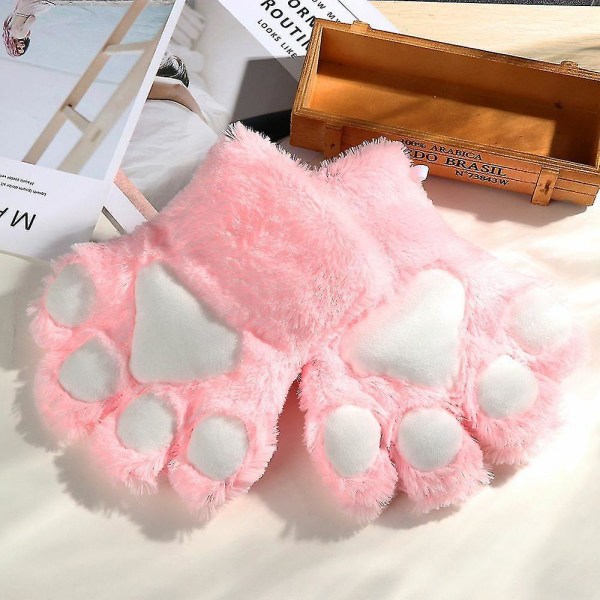 Kvinder Bear Plys Cat Paw Claw Handsker Vinter imiteret Fur Fingerless Vanter Handsker Pink
