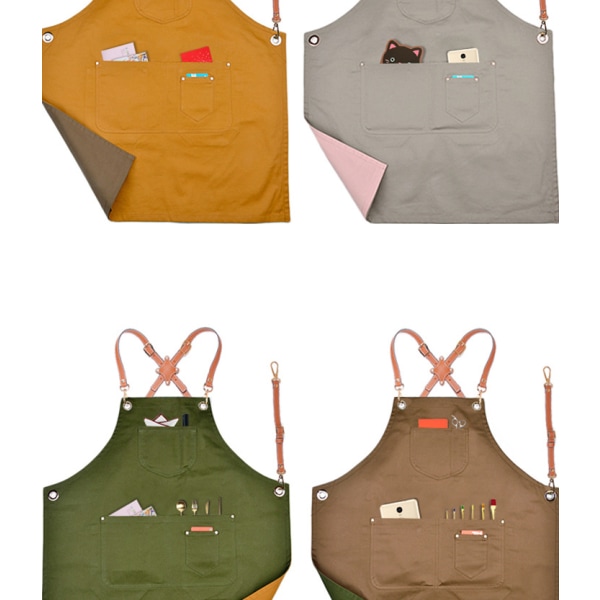 Mode denim forklæde, arbejdstøj forklæde (kryds brunt bælte kanvas dobbeltsidet grøn og gul),