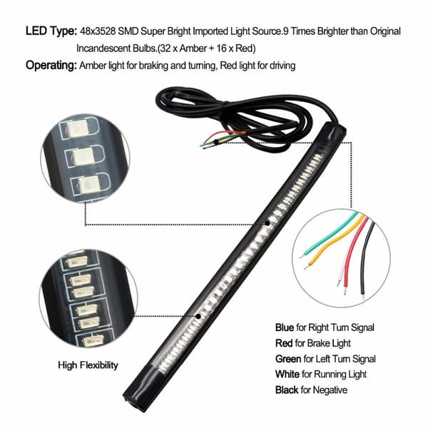 48SMD LED Motorsykkel Lysstripe Bremselys Blinklys