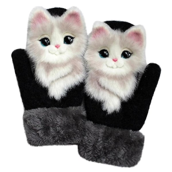 Barn tecknade djur plyschhandskar Vuxna Vintervarma stickade handskar-1 Cat Children