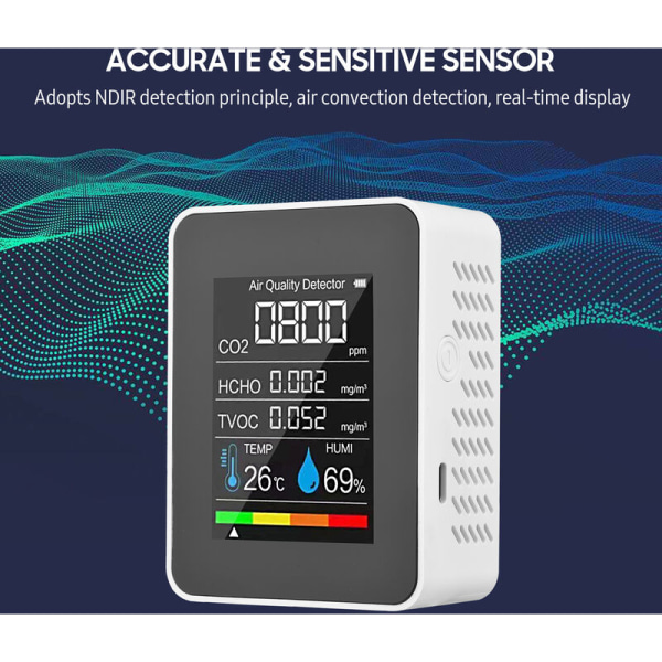 Fem og én luftkvalitetsmonitor, digitalt termometer, karbondioksid, temperatur, fuktighet (hvit 5 i 1)