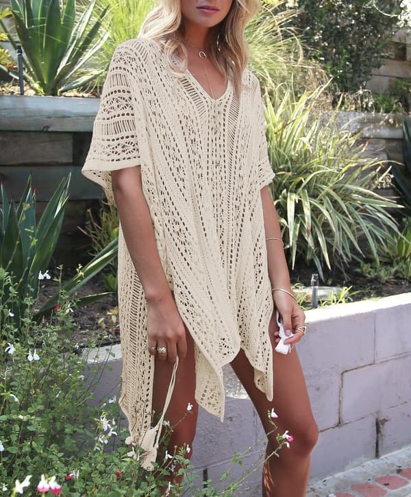 Badedragt Cover Up til Kvinder, Hæklet Kjole til Strand (Beige M)[ht]