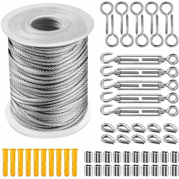 30 m tausett Rustfri stålkabel, metallkabel, rustfri stålkabel med strammer og kroker for hengende lys, Clim