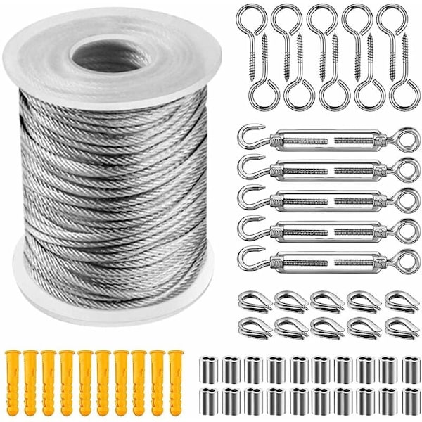 Ophængningssæt til reb i rustfrit stål, Nylonbelagt rustfrit stålkabel, Pvc-kabelstrammer, til teltreb, tøj