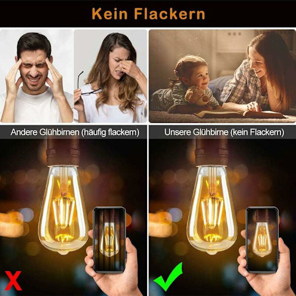 6 set Vintage E27 LED-hehkulamppuja, 6W (korvaa 60W), Retropolttimo ihanteellinen nostalgiseen ja retrovalaistukseen, lämmin