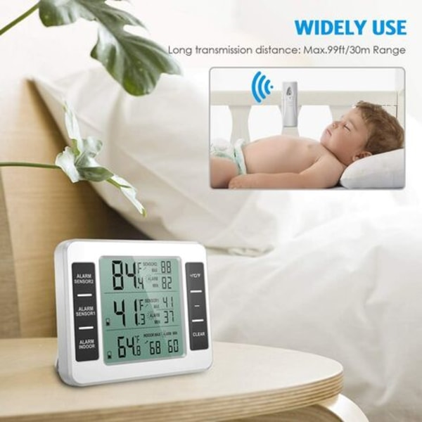 Kjøleskapstermometer, kjøleskapstermometer med frysealarm, trådløst innendørs utendørs termometer med 2 sensorer, MIN