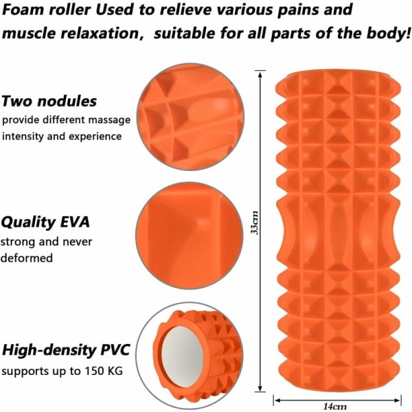 Den 33 cm halvmåne fem-i-en orange skumrulle er velegnet til dyb muskelvævsmassage af bagbenene