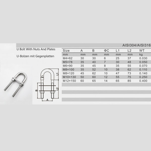 304 rostfritt stål U-bult med mutter och packningsfäste marin M5-78
