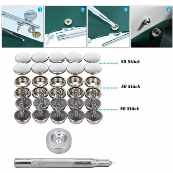 Trykknapper, 150 stk. rustfrit stål skruelåse 15 mm metal trykknapper sæt med 2 fastgørelsesværktøjer