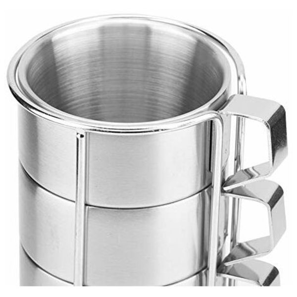 Sett med 4 stablebare og slitesterke kaffekopper i rustfritt stål med holdere for hjemme- eller kafébruk