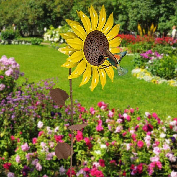 Gul solsikke kolibri havefuglefoderbræt med metalblomsterdesign til udendørs terrasseindretning