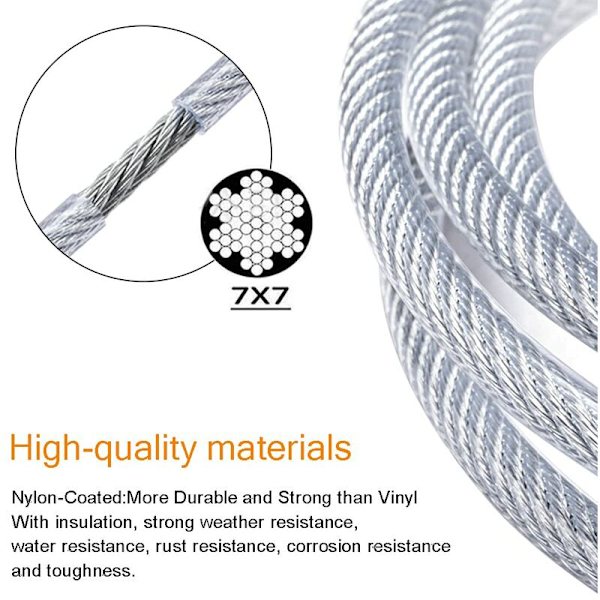 30 m tausett Rustfri stålkabel, metallkabel, rustfri stålkabel med strammer og kroker for hengende lys, Clim