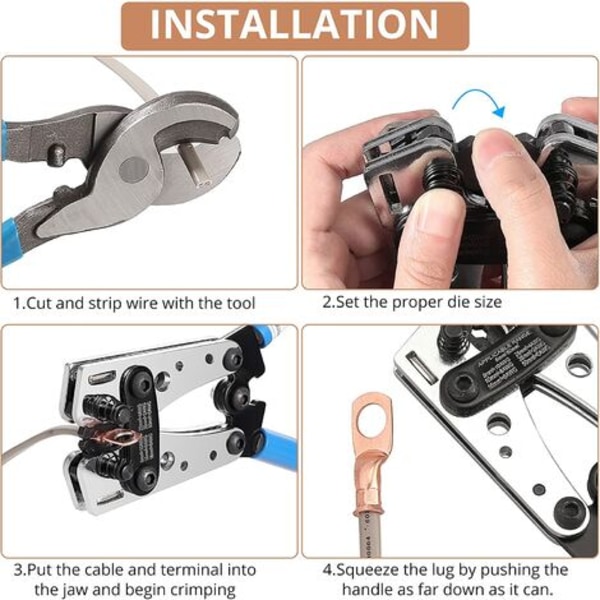 Krymptångssats, AWG 10-0 Justerbar presstång 6-50mm² Wire Terminal Crimp Tool Multifunctional Cable Cutte