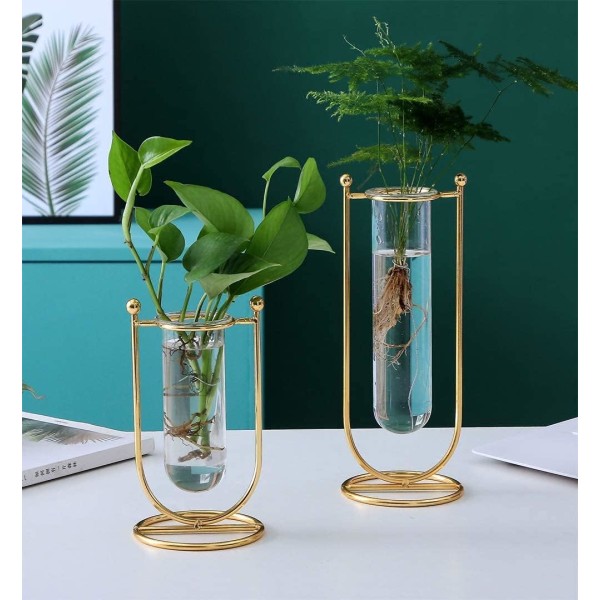 Hydroponisk glasvas glasblomkruka med järnram för kreativt blomma hem vardagsrum bordsdekoration (L)
