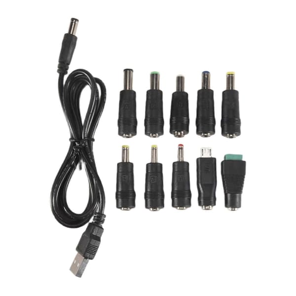 USB til DC strømkabel Universal USB til DC Jack opladerkabel strømkabel med 10 udskiftelige stikadaptere Svart