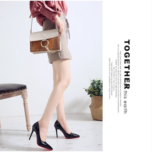 Røde sål høje hæle stilettos kvinders high-end temperament enkle sko stor størrelse spids tå Black 41