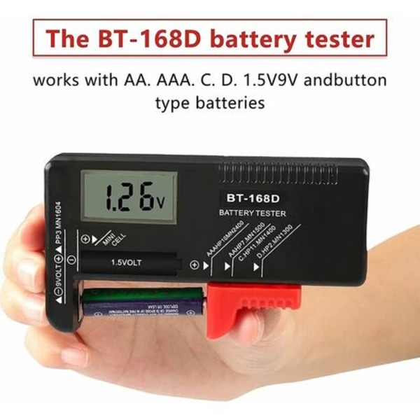 Digital batteritester, Universal batteritester, batteritester, til AA, AAA, C, D, PP3, 9V, 1,5V, knapbatterier - W