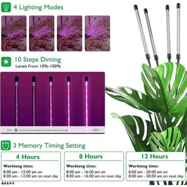 Plantelys, plantevekstlys med stativ, LED-plantevekstlys Hagebruksblomstrende 4 hoder fullspektret vekstlys