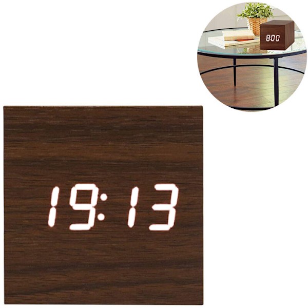 Bambustræ Hvidt lys 6*6*6CM Direkte strømforsyning Firkantet træur Mini moderne træ LED lys terning Skrivebordsvækkeur,