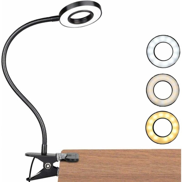 Sort Clip-on-læsebordslampe USB-bordslampe 10-niveau dæmpbar LED-bordslampe， Velegnet til sovesale, soveværelser, personlig spa