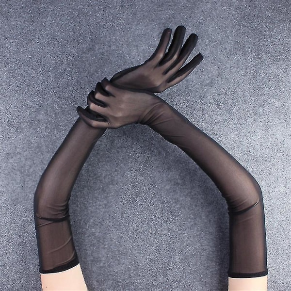 Sexig spets Tunn Svart Ihålig Genomskinlig Långa Handskar Mjuk Andas Solid Nätgarn Kvinnor Man Prestanda Fest Elasticitet 55cm black