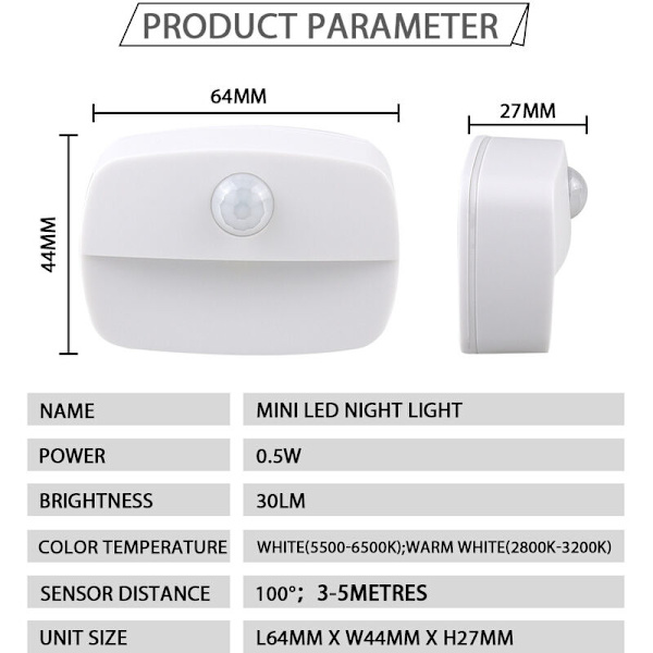 Rörelsesensorlampor 4-pack inomhus, rörelsesensor nattlampa, 3A, batteridriven garderob, trappor, hall, kök,