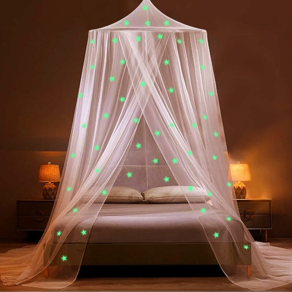 Huskuppel hengende myggnett lysende stjerner (hvit 60*250*1250 cm),