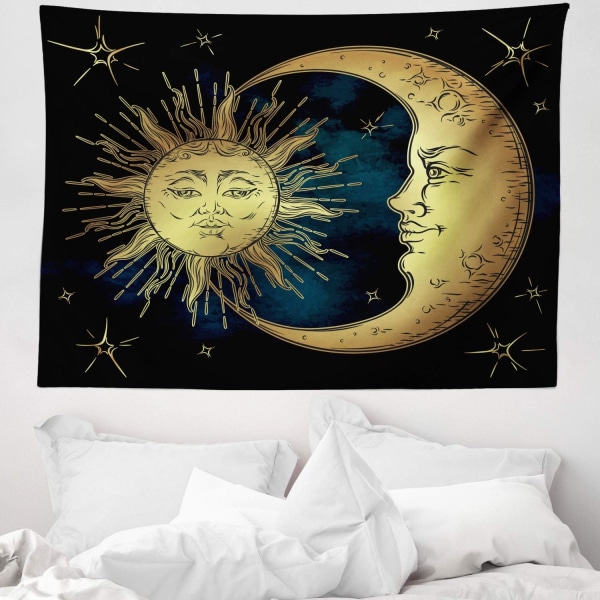 Hellig måne og sol Psykedelisk billedvev Vaskbart mykt mikrofiberstoff No Fade Digitaltrykk Bensin Blå Gul (150 x 100 cm, nr. 13)