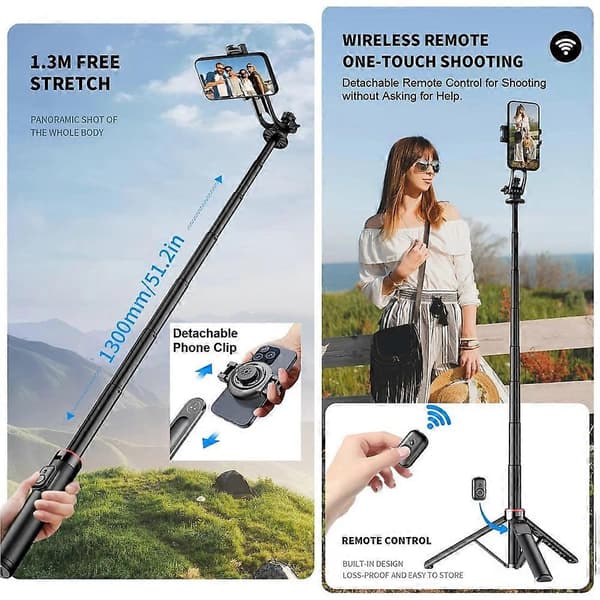 Magnetisk Selfie Stick Stativ til iPhone, 51 tommer Telefon Stativ Rejsestativ til iPhone Android Telefoner Black