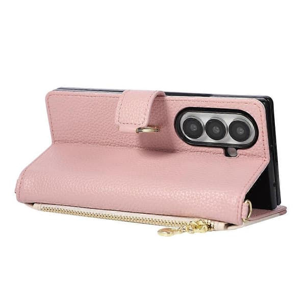 Kompatibel med Samsung Galaxy Z Fold8 Ultra Plånboksfodral Triangulär skarvning Dragkedja Läder Telefonfodral med handledsrem Pink