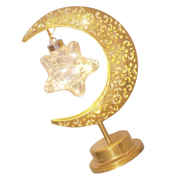 HT bordlampe månelampe med jernåpent mønster, LED hengende måneform dekorativt nattlys stjerne Moon and Stars