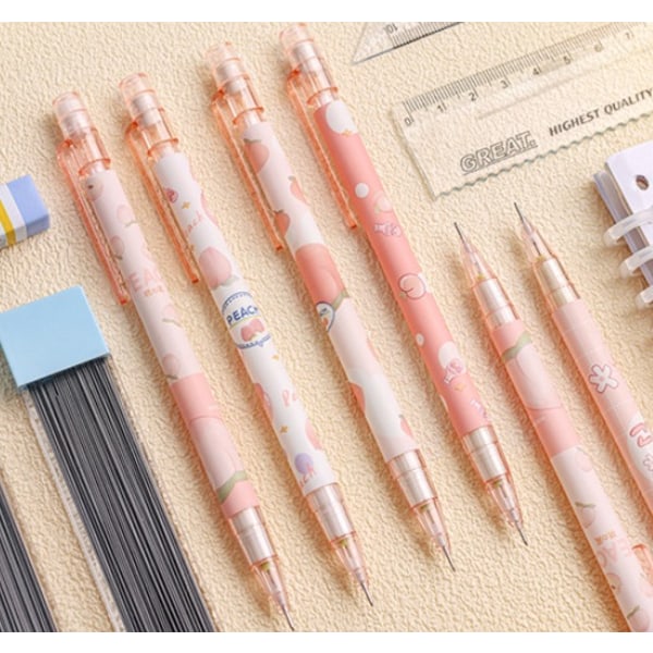 Kawaii Auto blyantsæt indeholder ferskenfarvede autoblyanter til skrivning, skitsering, tegning, bygning (12 stykker)