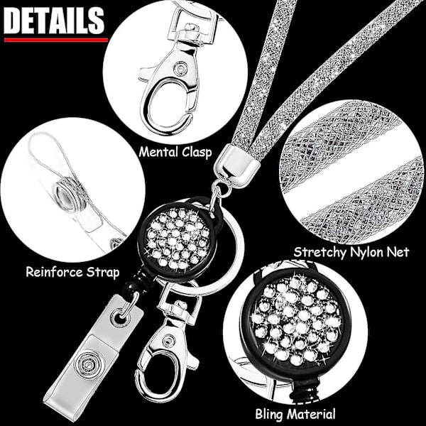 4 stk Crystal Lanyard Halskæde Optrækkeligt ID-kort Rhinestone Clip og nøglering