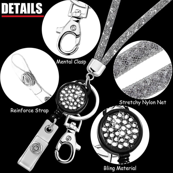 4 stk Crystal Lanyard Halskjede uttrekkbar ID-kort Rhinestone klips og nøkkelring