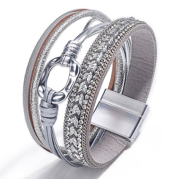 Handflätat kontrastlagerarmband med magnetlås silver
