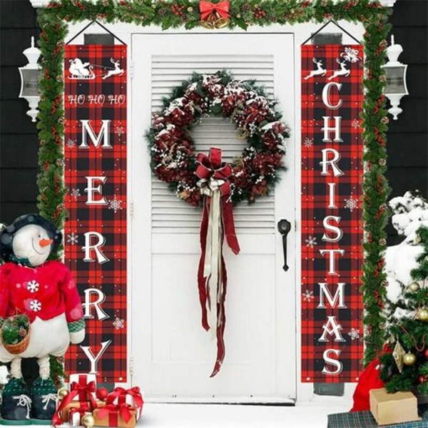 Merry Christmas Decorations Banner, Christmas Porch Sign Red Plaid Hanging Banners LYCXAMES