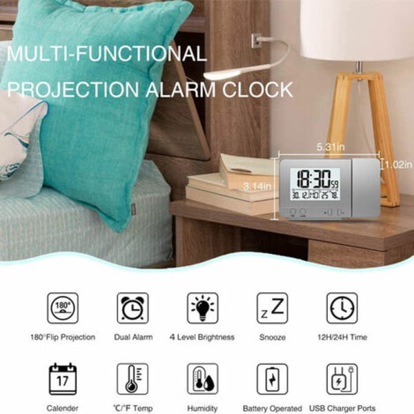 Projektionsväckarklocka för sovrum med termometer Hygrometer Led-tak Projektklocka Digital dimbar display med U