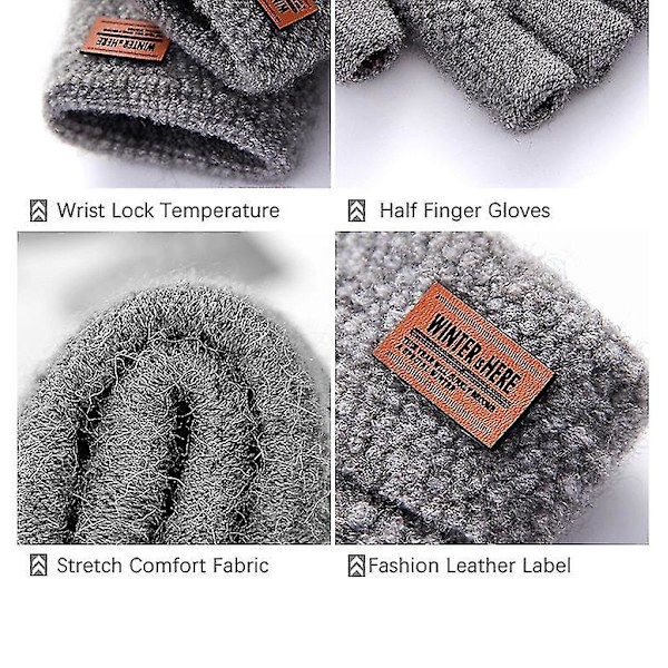 Vinter Fingerless Handskar För Halvfinger Skriva Kontor Stickad Alpaca Ull Varm Läder Etikett Tjocka Elastiska Körhandskar