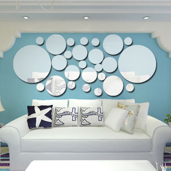 Mirror Wall Sticker 3D Dot Circle Circle Stue Soveværelse TV Baggrund Vægdekoration Spejl Sticker Sølv