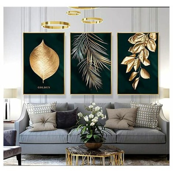 Sett med 3 designveggplakater med skog, gullblad, palme, uinnrammet, veggdekor for stuen, 10*30 cm
