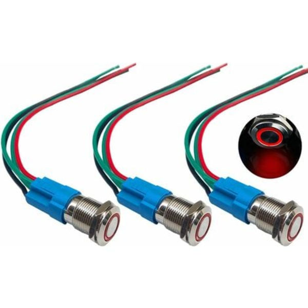 3 stk Premium 12V/24V 3A øyeblikkelig trykknappbryter, 12mm trykknappbryter, rød LED IP66 vanntett bryter med strømuttaksledning