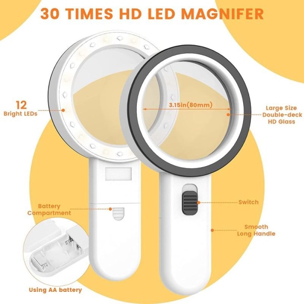 30X HD LED Forstoringsglas 12 LED Lampor white