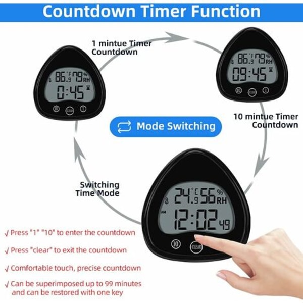 Badrumsklocka, Digital LCD-larm med vattentät touch-duschklocka, Vattentät Timers Termometer Bärbar LCD-skärm