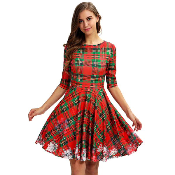 Unik Casual Flared Midi-klänning med 3D-tryck för kvinnor, Kortärmad Red Red L