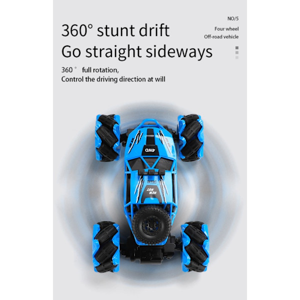 Stuntbil med fjärrkontroll kan rotera 360 grader med induktion, terrängleksaksbil (blå, dubbel fjärrkontroll)