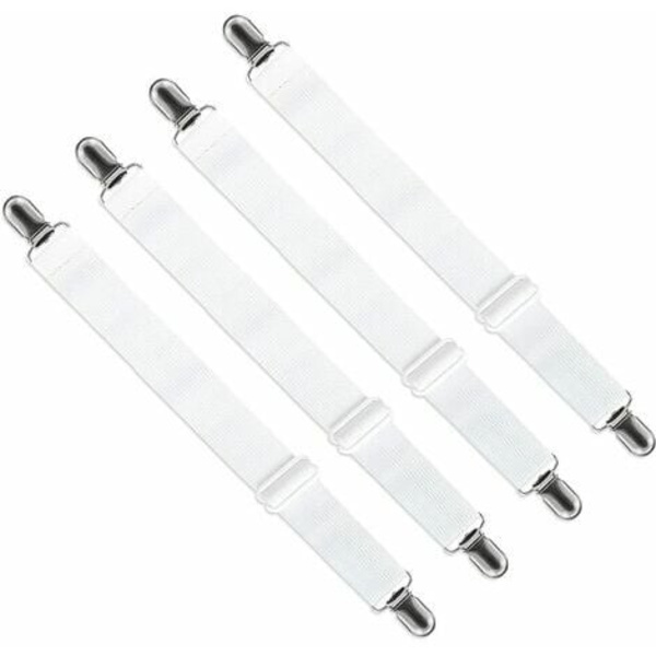 Elastisk lagnetstrammer, justerbar fastgørelsesclips til sengetøj, sofa, strygebetræk (hvid, 4-pack, udvidet sektion)