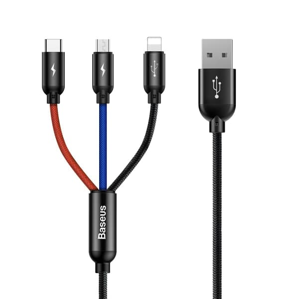 Baseus 3-i-1 multioplader, USB-C/Lightning/MicroUSB, 3,5A, 1,2m