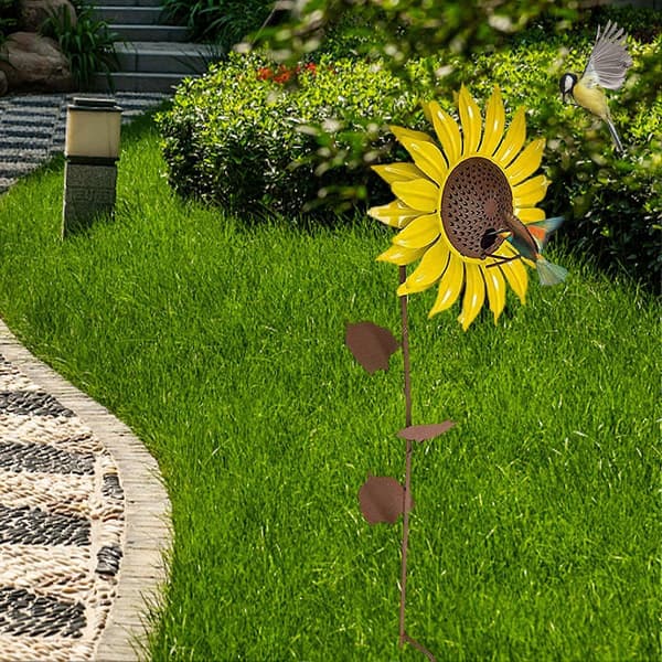 Gul solsikke kolibri havefuglefoderbræt med metalblomsterdesign til udendørs terrasseindretning